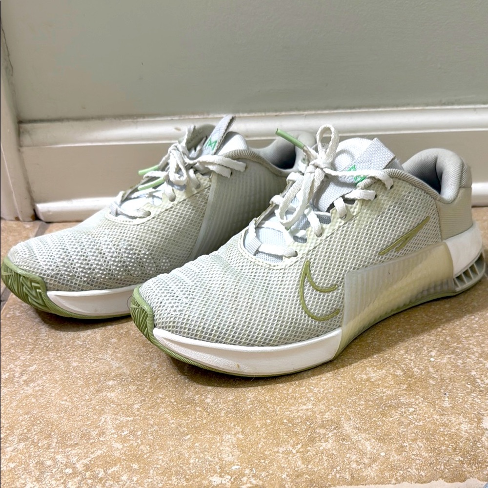 Nike Light Gray and Green METCON Shoes